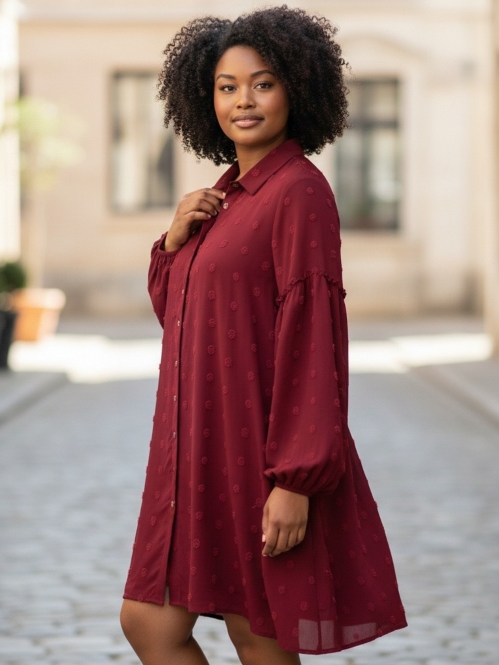 Umgee Burgundy Long-Sleeve Button Front Swing Dress